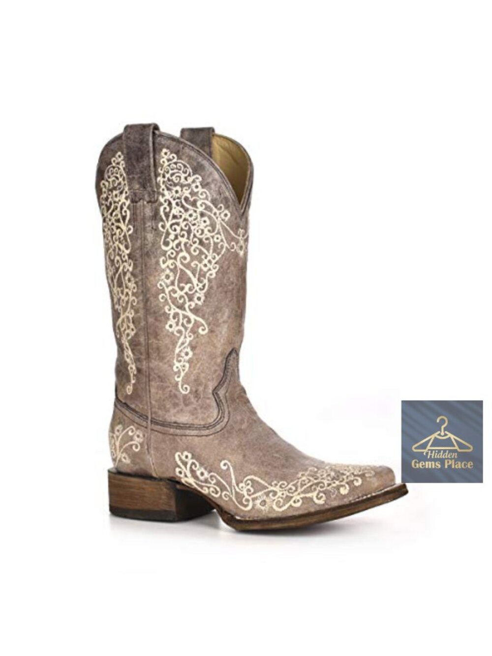 100% Leather Western Boots with White Embroidered Square Toe